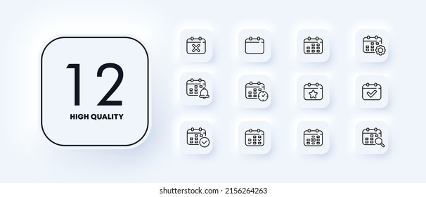 Calendar set icon. Setting, reminder, event, alarm clock, search, day, week, month, year, tick. Date management concept. Neomorphism style. Vector line icon for Business and Advertising