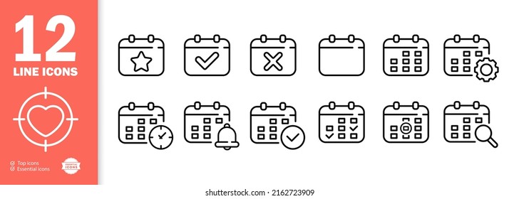 Calendar set icon. Calendar with star, checkmark and cross. Alarm clock, reminder, search, setting. Date management concept. Vector line icon for Business and Advertising