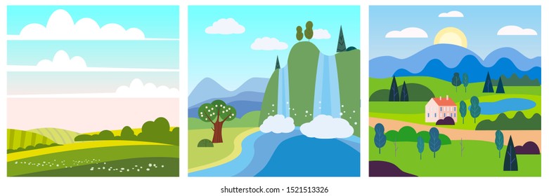 Calendar set landscape spring in flat minimal simple style - season banners poster cover template. Vector isolated