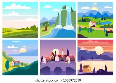 Calendar set landscape spring, summer in flat minimal simple style - season banners poster cover template. Vector isolated