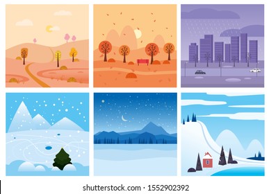 Calendar set landscape winter, autumn in flat minimal simple style - season banners poster cover template. Vector isolated