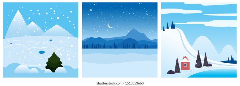 Calendar set landscape winter in flat minimal simple style banners poster cover template. Vector isolated