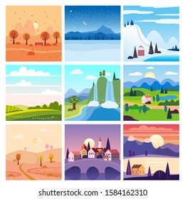 Calendar set landscape winter, spring, summer, autumn in flat minimal simple style - season banners poster cover template. Vector isolated