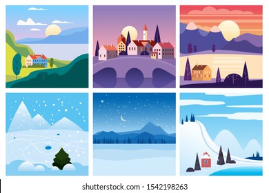 Calendario ambientado invierno, verano en un estilo minimalista simple - banners de la temporada de carteles plantilla de portada. Vector aislado