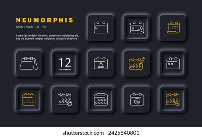 Calendar set line icon. Organizer, important dates, New Year, schedule, day, hour, month, holiday. Neomorphism style. Vector line icon for business and advertising