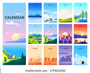 Calendario Set paisaje minimalista fondos naturales de cuatro estaciones. Tierra maravillosa de invierno, Fresco en primavera, Día caliente soleado en verano, Otoño con hojas cayendo. Diseño de pincel de ruido mínimo para vectores 4