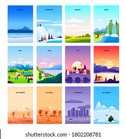 Calendar Set minimalistic landscape natural backgrounds of four seasons. Winter wonderland, Fresh on Spring, Hot sunny day on Summer, Autumn with leaves falling. Vector minimal noise brush design 4