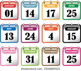 Calendar set. Monthly calendar icons Set different color and copy space, isolated on white background. Eps file available. Calendar vector icon. Calendar template.
