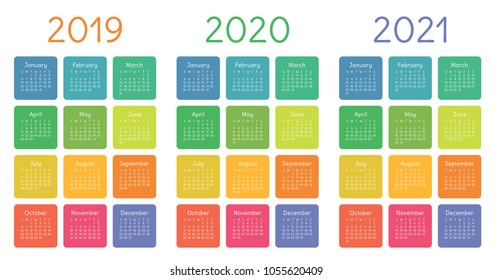 Calendar set on 2019, 2020 and 2021 years. Colorful and funny