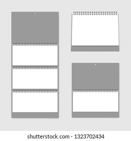 Calendar set template. Blank wall and desk spiral calendars front view, vector mockup.