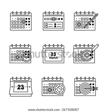 Calendar set. Thin line art icons. Linear style illustrations isolated on white.