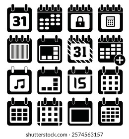 Calendar set vector icon isolated on white, Calendar icons set in black. Day calendar elements icons set. Black and white calendar Vector illustration icon. Date and number symbol. editable eps file.