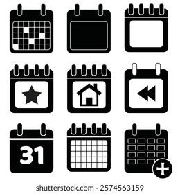 Calendar set vector icon isolated on white, Calendar icons set in black. Day calendar elements icons set. Black and white calendar Vector illustration icon. Date and number symbol. editable eps file.