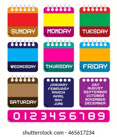 Calendar Set. Vector Retro Colorful Paper Calendars Template, Layout with Weekdays - Months and Numbers. Perfect for Original Design Projects.