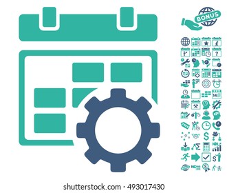 Calendar Settings Gear icon with bonus calendar and time management design elements. Vector illustration style is flat iconic bicolor symbols, cobalt and cyan colors, white background.