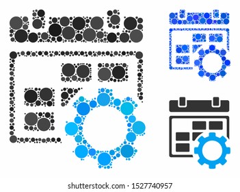 Calendar settings gear mosaic of small circles in variable sizes and color tones, based on calendar settings gear icon. Vector small circles are composed into blue mosaic.