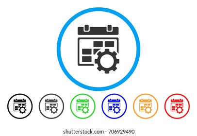 Calendar Settings Gear vector rounded icon. Image style is a flat gray icon symbol inside a blue circle. Bonus color versions are gray, black, blue, green, red, orange.