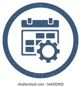 Calendar Settings grainy textured icon inside circle for overlay watermark stamps. Flat symbol with dust texture.