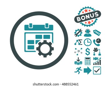 Calendar Settings icon with bonus design elements. Vector illustration style is flat iconic bicolor symbols, soft blue colors, white background.