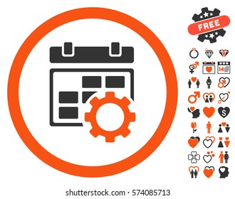 Calendar Settings icon with bonus lovely pictograph collection. Vector illustration style is flat rounded iconic orange and gray symbols on white background.