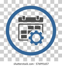 Calendar Settings rounded icon. Vector bicolor illustration style is a flat iconic symbol inside a circle, cobalt and gray colors, transparent background. Designed for web and software interfaces.