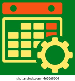 Calendar Settings vector icon. Style is bicolor flat symbol, orange and yellow colors, rounded angles, green background.
