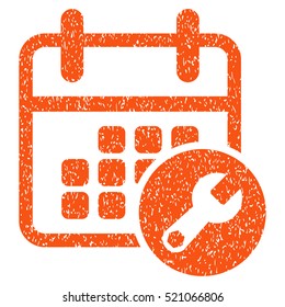Calendar Setup grainy textured icon for overlay watermark stamps. Flat symbol with dust texture. Dotted vector orange ink rubber seal stamp with grunge design on a white background.