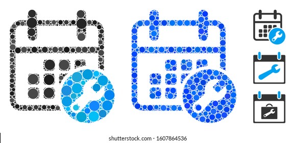 Calendar setup mosaic of round dots in variable sizes and color tints, based on calendar setup icon. Vector round dots are composed into blue illustration.