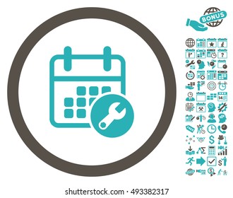 Calendar Setup Wrench icon with bonus calendar and time management symbols. Vector illustration style is flat iconic bicolor symbols, grey and cyan colors, white background.