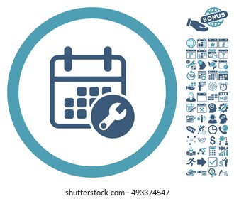 Calendar Setup Wrench pictograph with bonus calendar and time management pictures. Vector illustration style is flat iconic bicolor symbols, cyan and blue colors, white background.