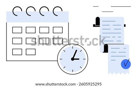 Calendar with several blank dates, an analog clock showing time, and receipts or invoices with checklist marks. Suitable for discussing time management, planning, scheduling, organization