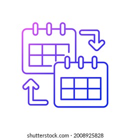 Icono de vector lineal de degradado de uso compartido de calendarios. Comprobación de la programación en línea para la cooperación de los empleados. Supervisión del trabajo. Símbolos de color de línea delgada. Pictograma de estilo moderno. Dibujo de contorno aislado del vector