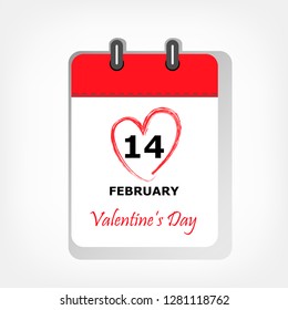 calendar sheet with 14 february Valentines day date circled in red heart shape, square vector illustration