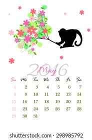 Calendar sheet for 2016 year with marked weekend days. May. Monkey on tree branch - silhouette vector illustration