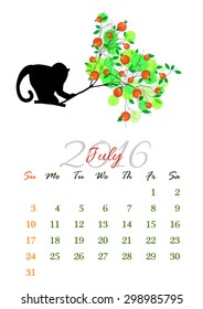 Calendar sheet for 2016 year with marked weekend days. July. Monkey on tree branch - silhouette vector illustration