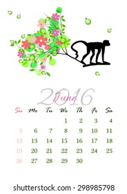 Calendar sheet for 2016 year with marked weekend days. June. Monkey on tree branch - silhouette vector illustration