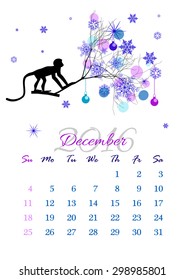 Calendar sheet for 2016 year with marked weekend days. December. Monkey on tree branch - silhouette vector illustration