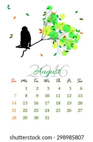 Calendar sheet for 2016 year with marked weekend days. August. Monkey on tree branch - silhouette vector illustration