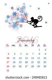 Calendar sheet for 2016 year with marked weekend days. January. Monkey on tree branch - silhouette vector illustration