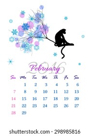 Calendar sheet for 2016 year with marked weekend days. February. Monkey on tree branch - silhouette vector illustration