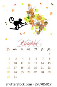 Calendar sheet for 2016 year with marked weekend days. October. Monkey on tree branch - silhouette vector illustration