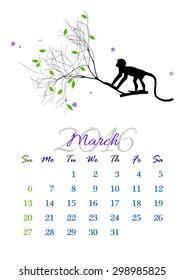 Calendar sheet for 2016 year with marked weekend days. March. Monkey on tree branch - silhouette vector illustration