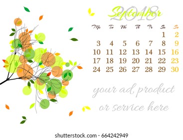 Calendar sheet for 2018 year with marked weekend days on white background. September. Abstract autumn tree branch with bright yellow foliage. Week starts with Monday. Vector illustration