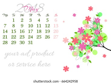 Calendar sheet for 2018 year with marked weekend days on white background. May. Abstract spring tree branch in bloom. Week starts with Monday. Vector illustration