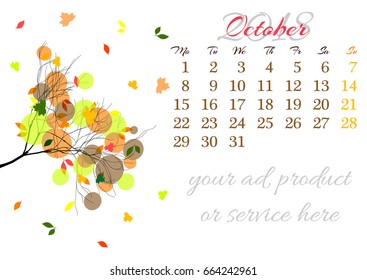Calendar sheet for 2018 year with marked weekend days on white background. October. Abstract autumn tree branch with bright orange foliage. Week starts with Monday. Vector illustration