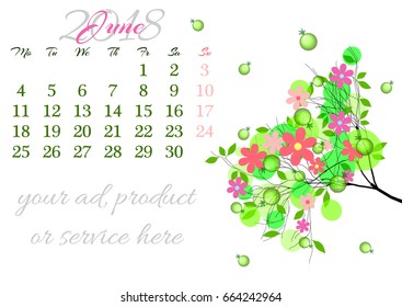 Calendar sheet for 2018 year with marked weekend days on white background. June. Abstract summer tree branch with flowers and unripe fruits. Week starts with Monday. Vector illustration