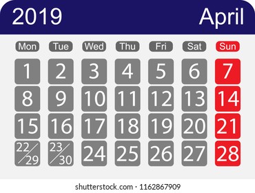 Calendar sheet 2019 for the month of April, a week with one day off