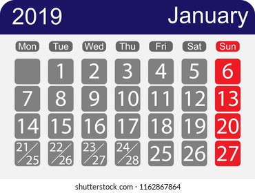 Calendar sheet 2019 for the month of January, a week with one day off