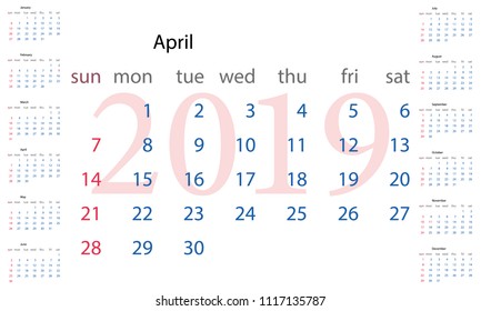calendar sheet April 2019