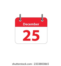 Calendar sheet with the date of december 25th on a white background with copy space